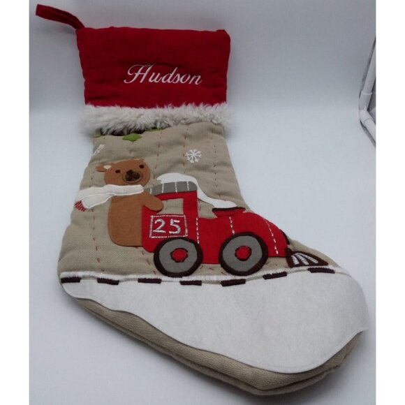 Pottery Barn Kids Hudson Woodland Bear Train Christmas Holiday Stocking Quilted - Picture 1 of 10